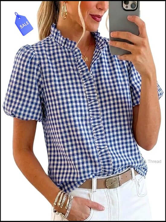 Tops - Short Puff Sleeve Button Down Shirt Striped Ruffle Collar Blouse Business